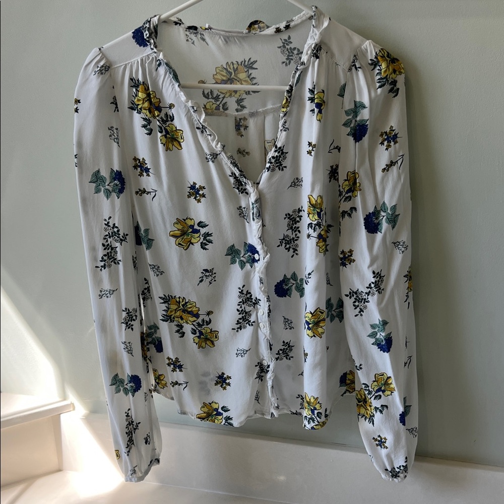 MNG by Mango Casual Floral Button Front Blouse Size XXS White Yellow Blue - Picture 2 of 7